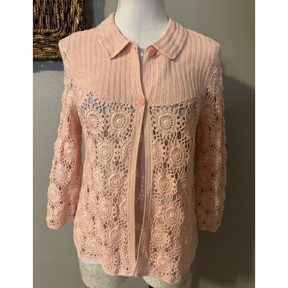 Talbots Womens Cardigan Sweater PM Pink Crochet Lace Cotton Cottagecore Romantic - Picture 1 of 12